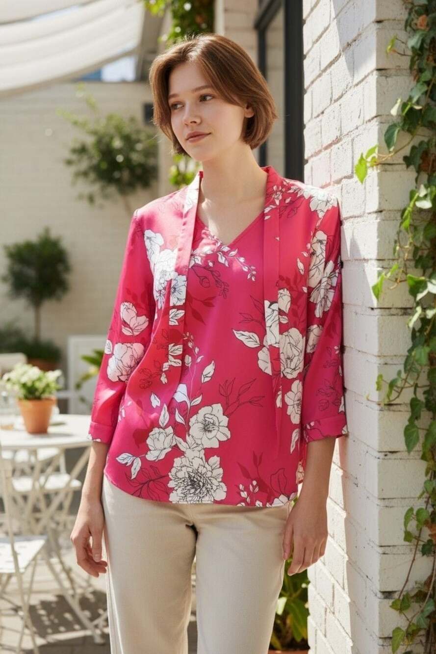 Cato Fashions Floral V-Neck 3/4 Sleeve Blouse in Pink